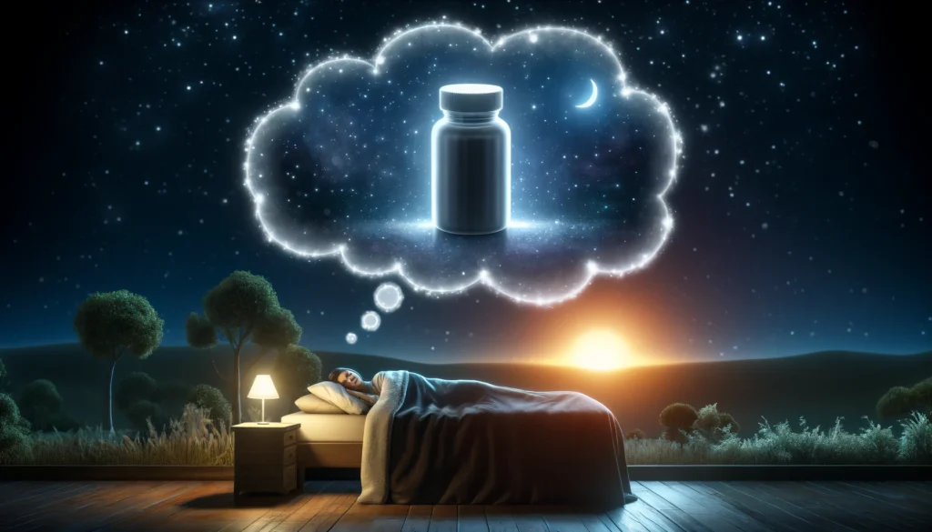 DALL·E 2024-05-28 15.42.56 - A serene nighttime landscape featuring a person peacefully sleeping in a cozy bed, surrounded by soft moonlight and a tranquil ambiance. In their drea MaryRuth Organics Organic Liquid Nighttime Multimineral